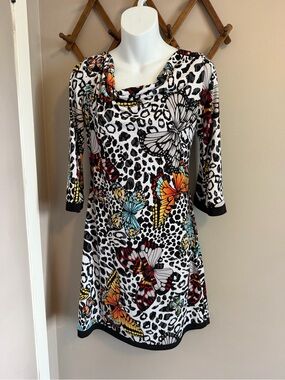 Joseph Ribkoff Butterfly Leopard Cowl Neck Dress Black Multi 6